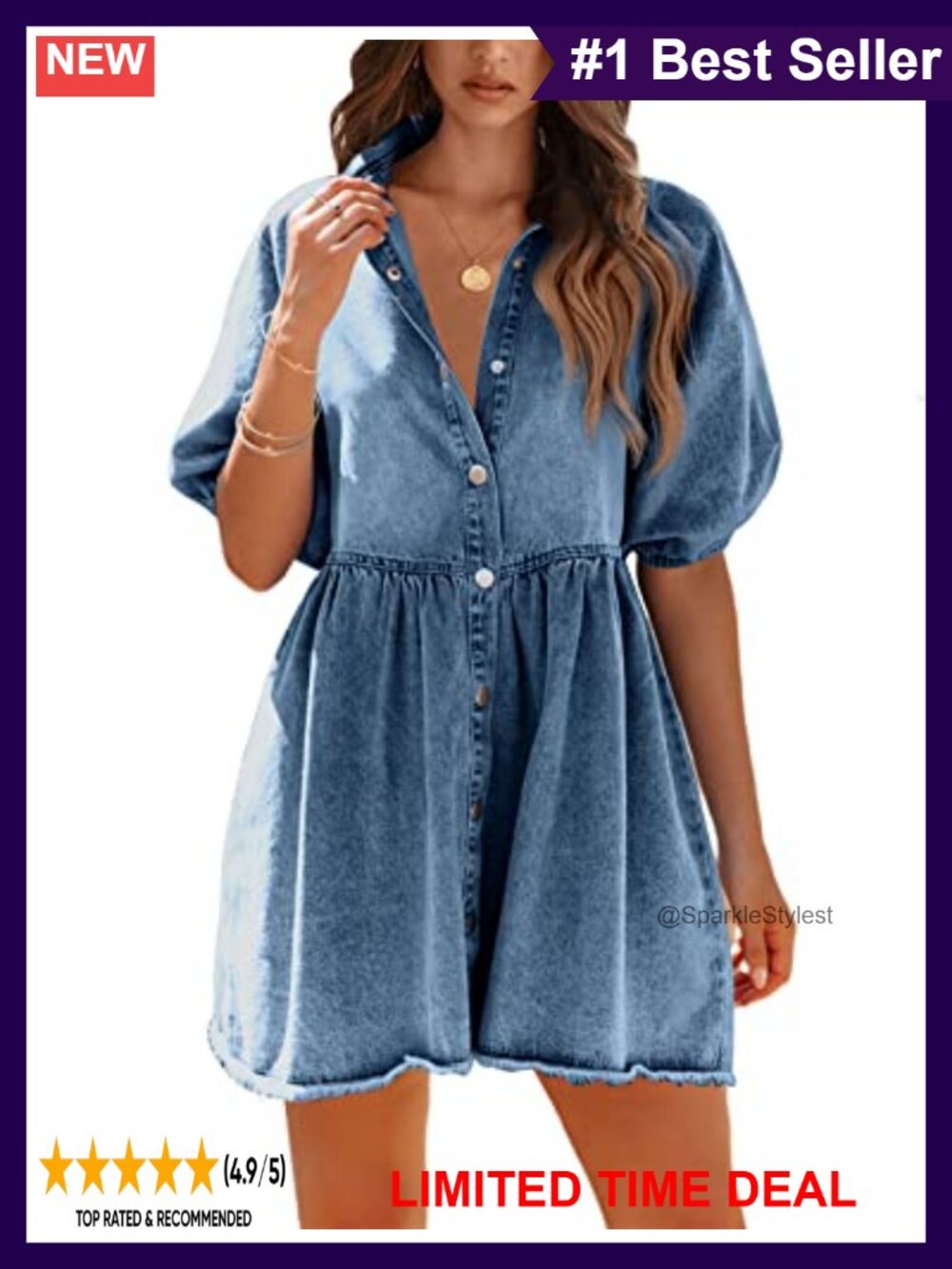 Denim Babydoll Dress Puff Sleeve Frayed Hem Mini Summer Jean Dress